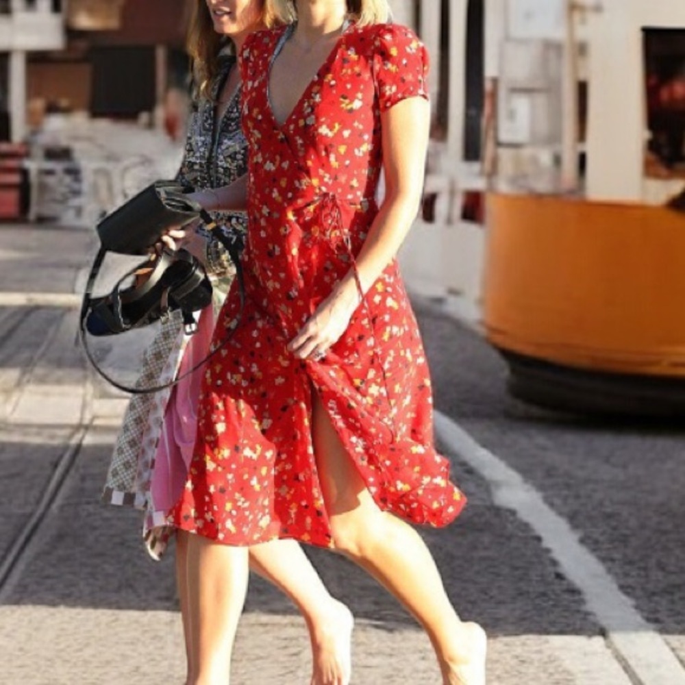 Simple Retro Kimura Floral Red Wrap Midi Dress XS NWT Style